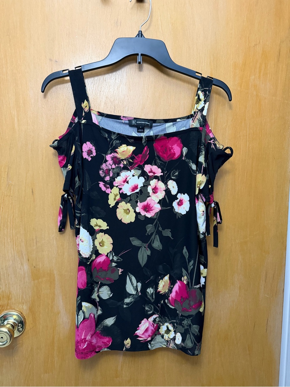 Black Cold-Shoulder Floral Tank Top with Pink & Yellow Blooms